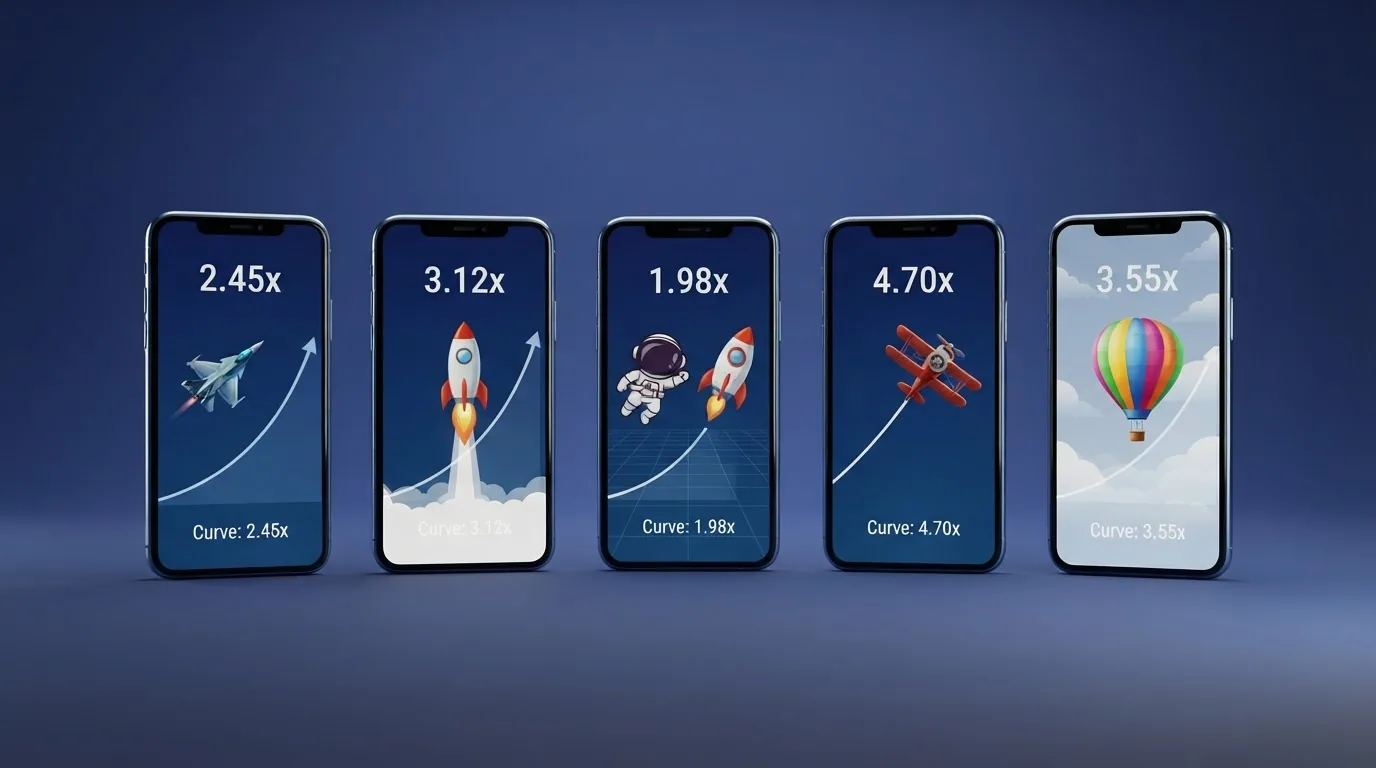 Eine horizontale Reihe von fünf verschiedenen Crash-Game-Bildschirmen – Aviator, JetX, Spaceman, Air Racer und Cash or Crash Live