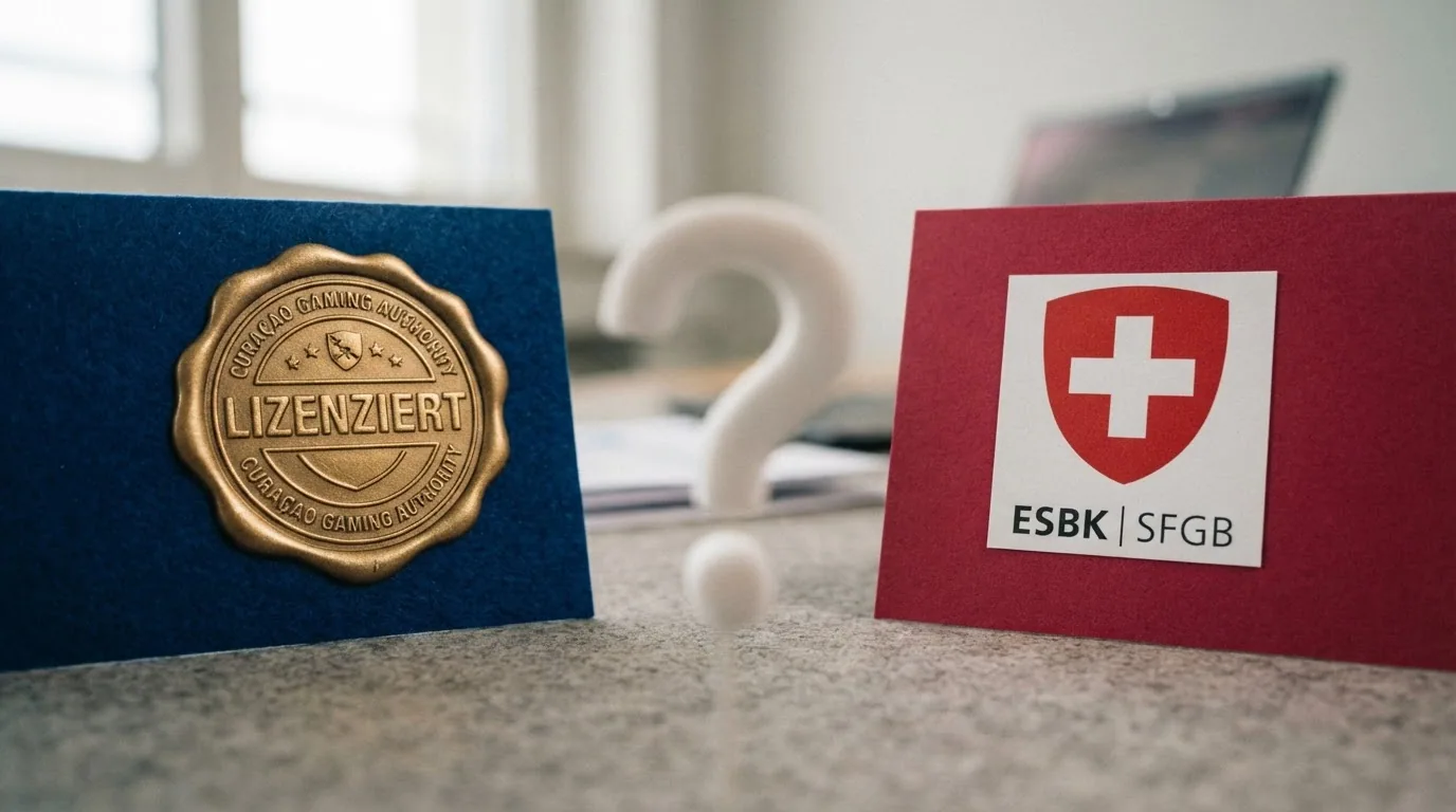 Zwei einander gegenüberstehende Siegel: links das CGA-Logo auf blauem Grund, rechts das ESBK-Wappen auf rotem Grund, in der Mitte ein Fragezeichen