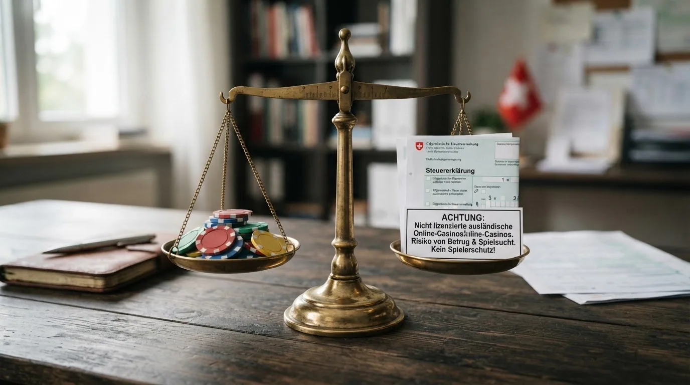 Eine Waage: auf der linken Schale Bonus-Symbole und Spielkarten, auf der rechten ein Warnschild und ein Steuerformular — die Waage ist im Gleichgewicht