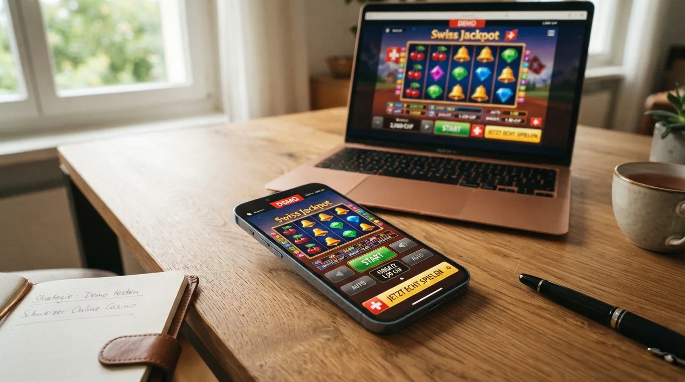 Der Bildschirm eines Online-Slots im Demo-Modus mit sichtbarem Spielgeld-Guthaben und dem Button «Jetzt echt spielen»
