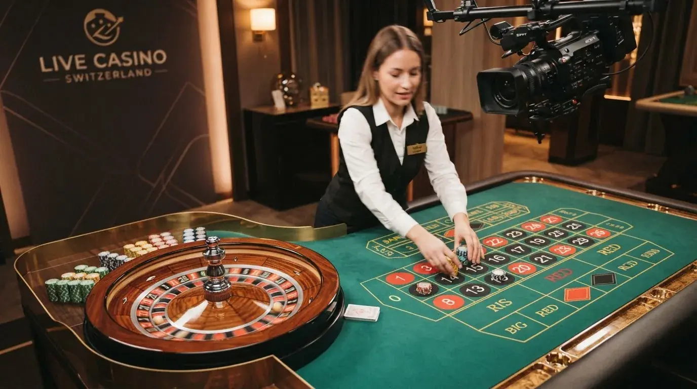 Deutschsprachiger Croupier im Casino-Studio, das Roulette-Rad in Bewegung, Bildschirm mit Einsatzmöglichkeiten