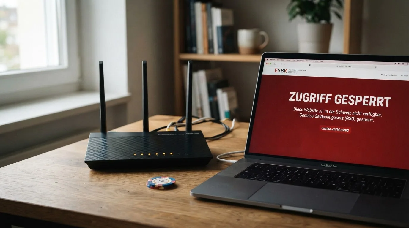 Ein Router mit einer durchgestrichenen Verbindung zu einem Monitor, auf dem «Zugriff gesperrt» steht