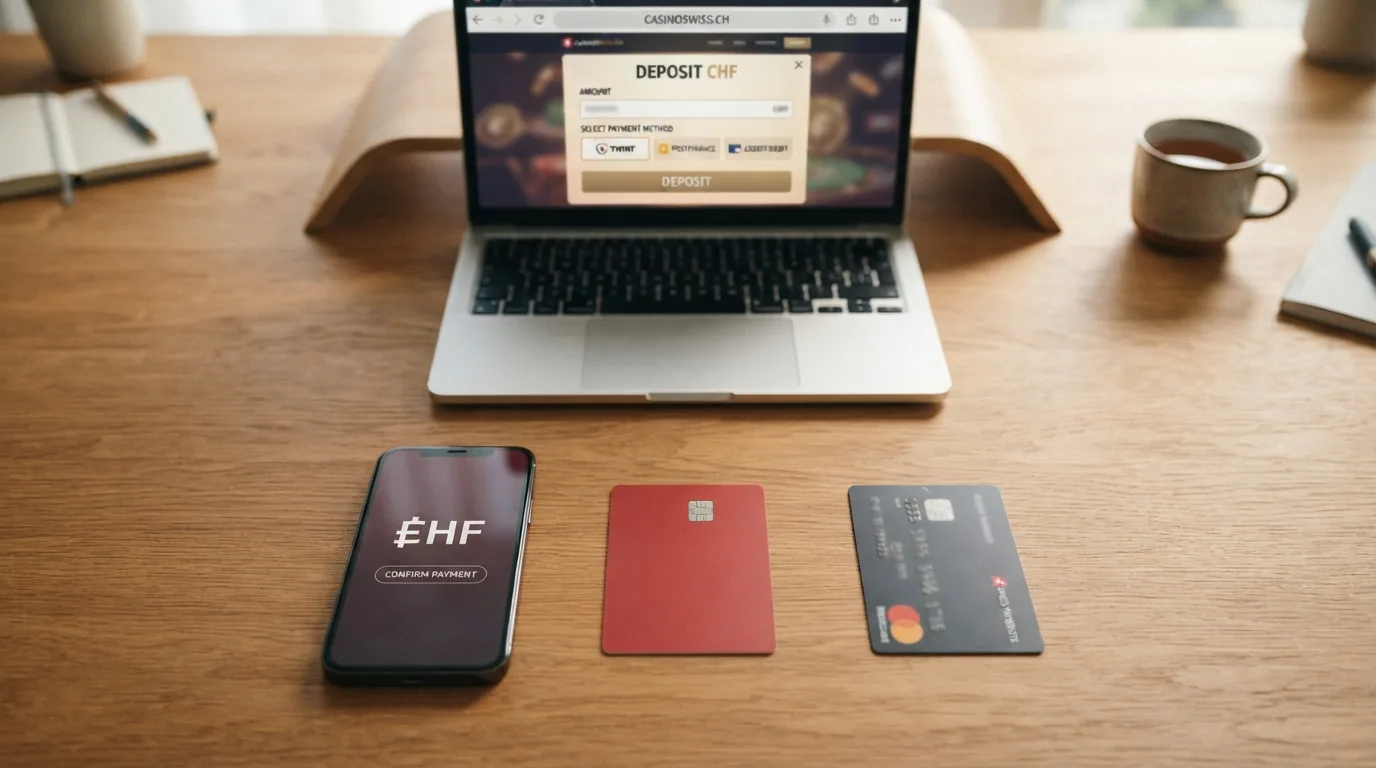 Drei Zahlungsmittel im CH-Design: ein Smartphone mit TWINT-App, eine rote PostFinance-Karte und eine Kreditkarte, daneben das Casino-Interface mit Einzahlungsdialog