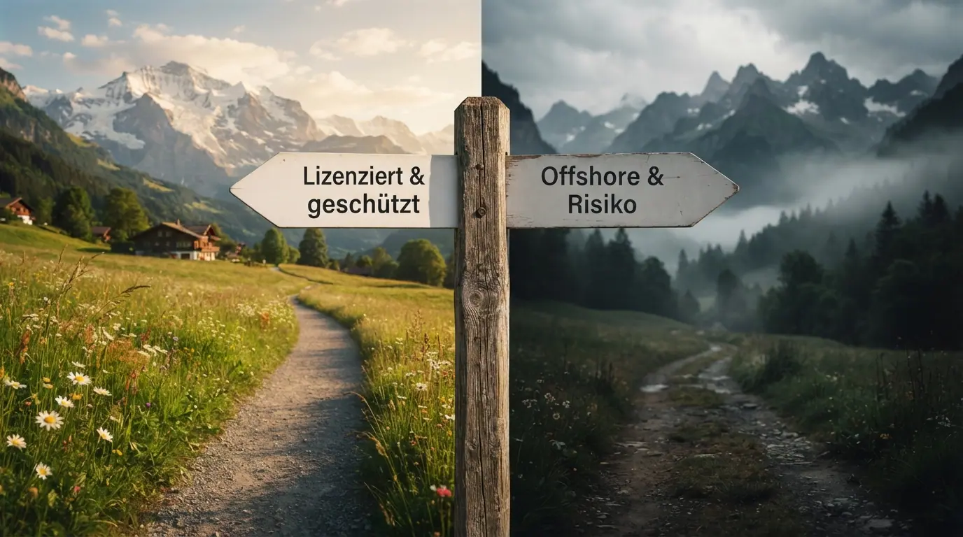 Eine Weggabelung: Ein Wegweiser mit «Lizenziert & geschützt» in die eine, «Offshore & Risiko» in die andere Richtung — vor Schweizer Alpenkulisse