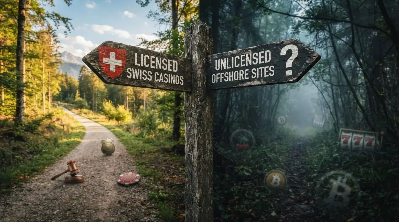 Eine Weggabelung: ein Wegweiser Richtung «Schweizer Lizenz» mit Schutzsymbolen, der andere Richtung «Offshore» mit Fragezeichen