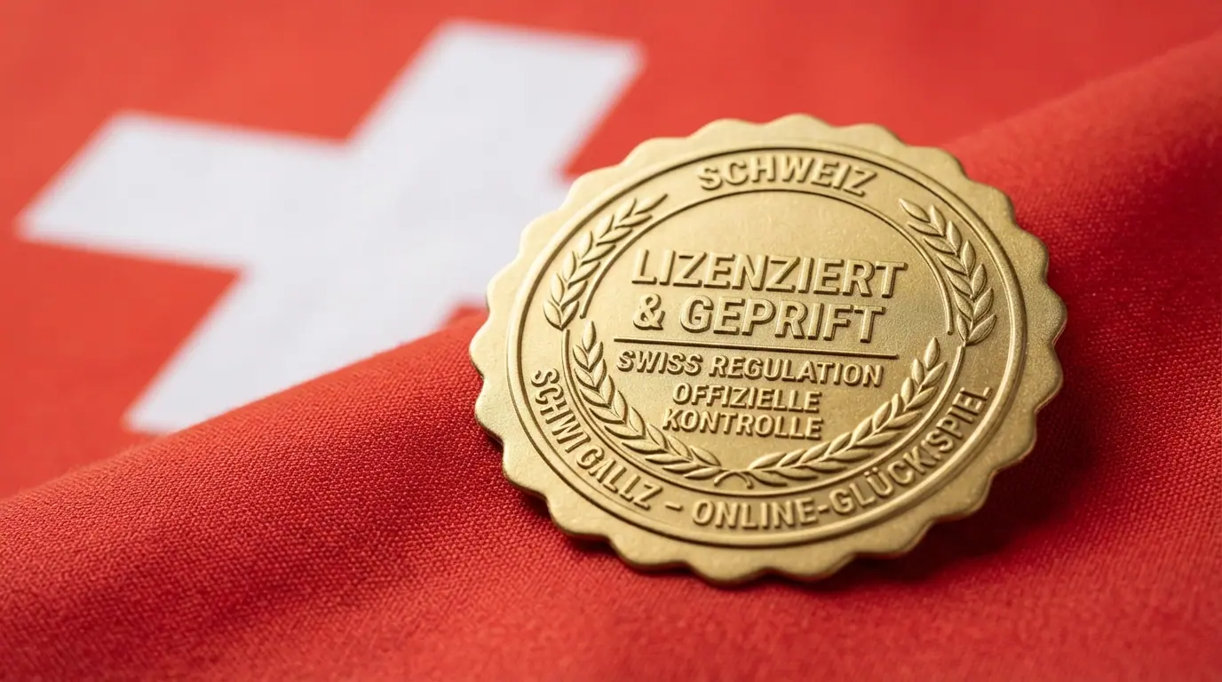 Das offizielle ESBK-Siegel vor einer stilisierten Schweizer Flagge, darunter der Schriftzug «Eidgenössische Spielbankenkommission — 10 konzessionierte Online-Spielbanken»