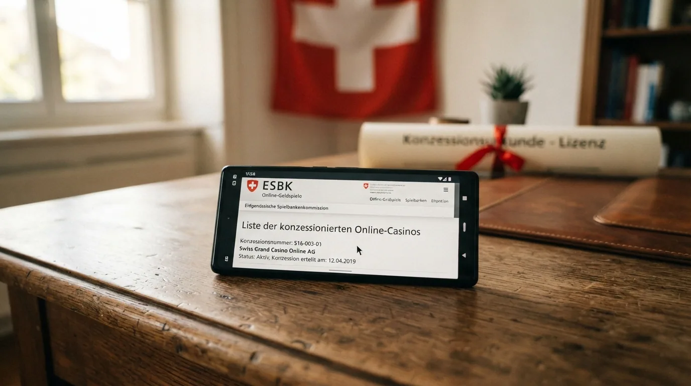 Screenshot der offiziellen ESBK-Online-Spielbanken-Liste mit Mauszeiger über einer Konzessionsnummer