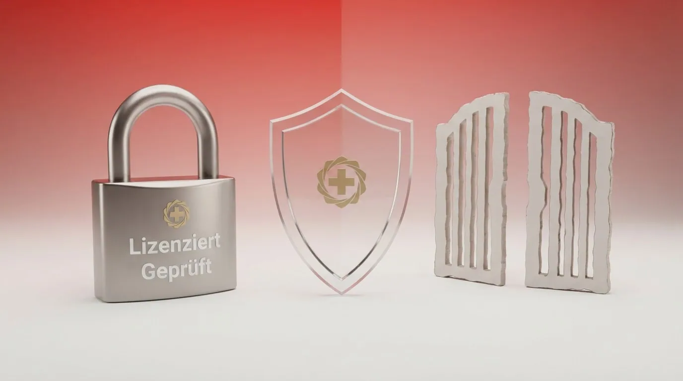 Eine grafische Gegenüberstellung: links ein Schloss mit ESBK-Siegel und den Begriffen «Spielerschutz Steuerfreiheit Sperrliste» rechts ein durchgestrichenes offenes Tor mit «kein Schutz volle Steuerpflicht»