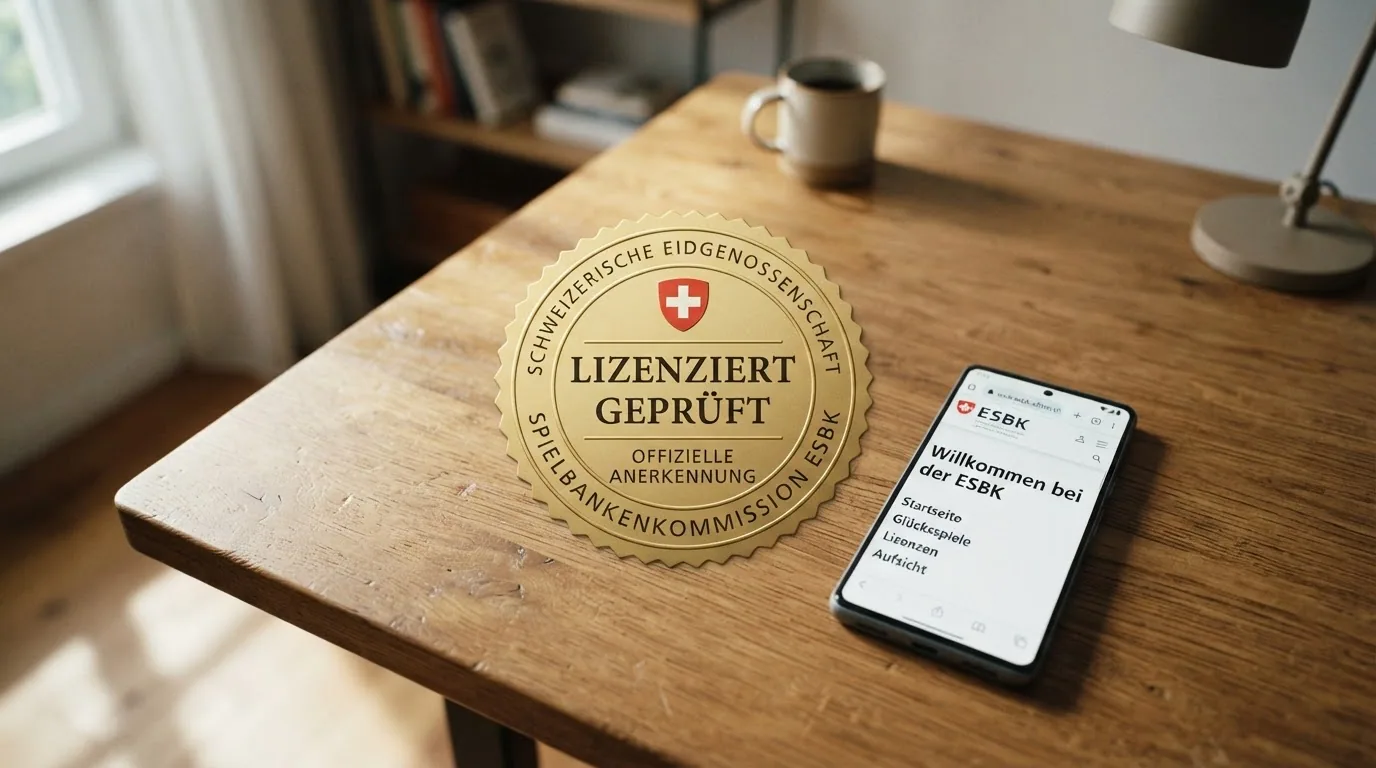 Offizielles ESBK-Logo oder Konzessionsurkunde, daneben die URL der Online-Spielbankenliste