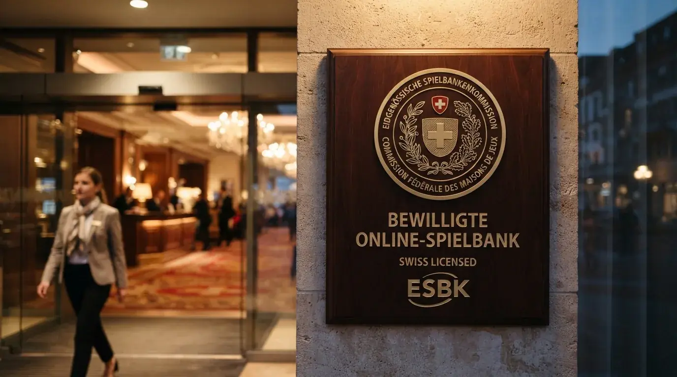 Das offizielle ESBK-Siegel neben dem Eingang einer Schweizer Spielbank mit dem Schriftzug «Bewilligte Online-Spielbank»