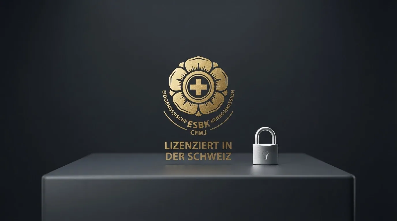 Offizielles ESBK-Logo oder Schweizer Wappen neben einem Schloss-Symbol auf einem Bildschirm mit Schloss-Symbol