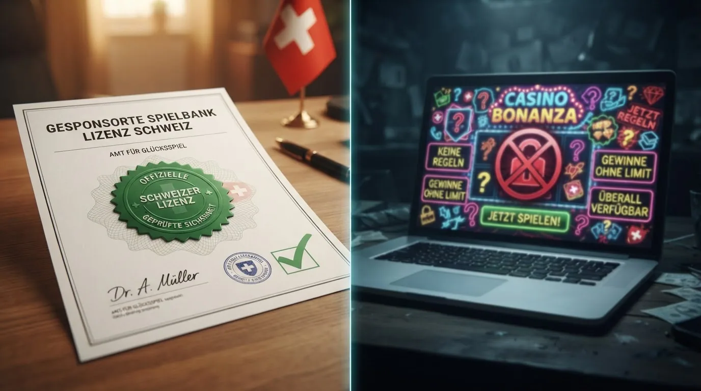 Zwei Spalten: links das ESBK-Logo mit grünem Haken und Schutzsymbolen, rechts ein graues Fragezeichen mit durchgestrichenem Schloss