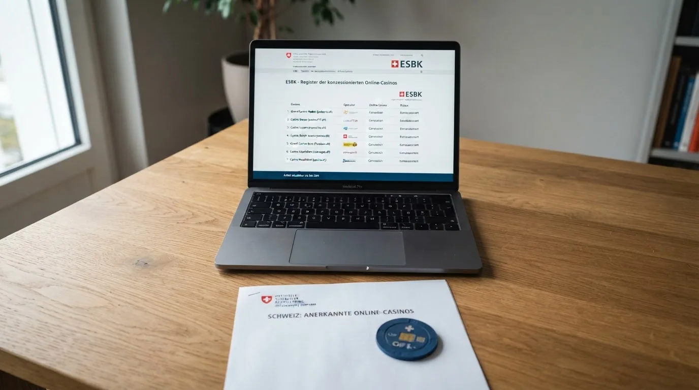 Offizielles ESBK-Logo und ein Screenshot des Online-Spielbanken-Registers auf esbk.admin.ch