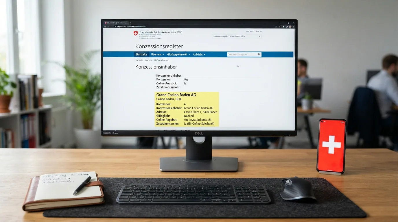Bildschirmfoto des ESBK-Konzessionsregisters (esbk.admin.ch) mit hervorgehobenem Lizenzstatus eines Schweizer Online-Casinos
