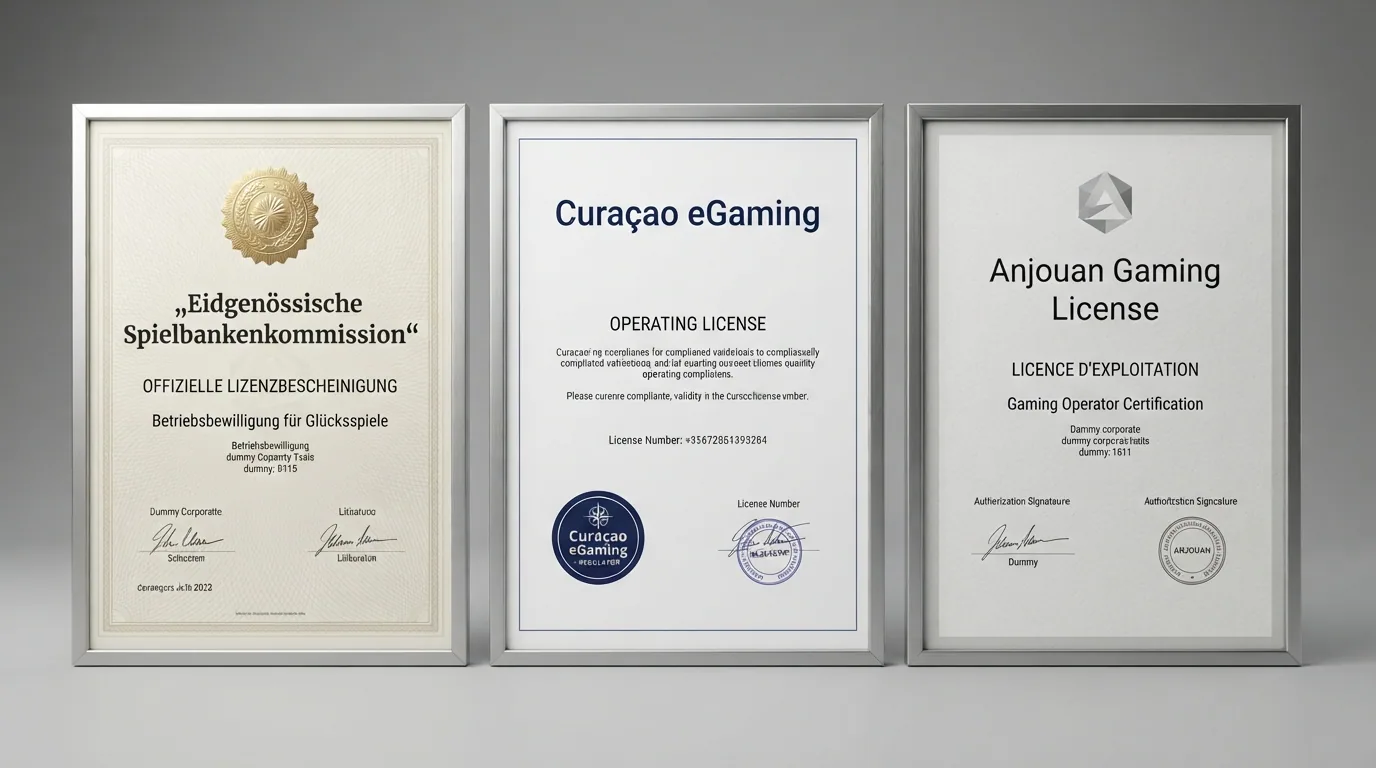 Drei Lizenzurkunden nebeneinander: ESBK (Schweiz), Curaçao eGaming, Anjouan Gaming — unterschiedliche Siegel, unterschiedlicher Schutz