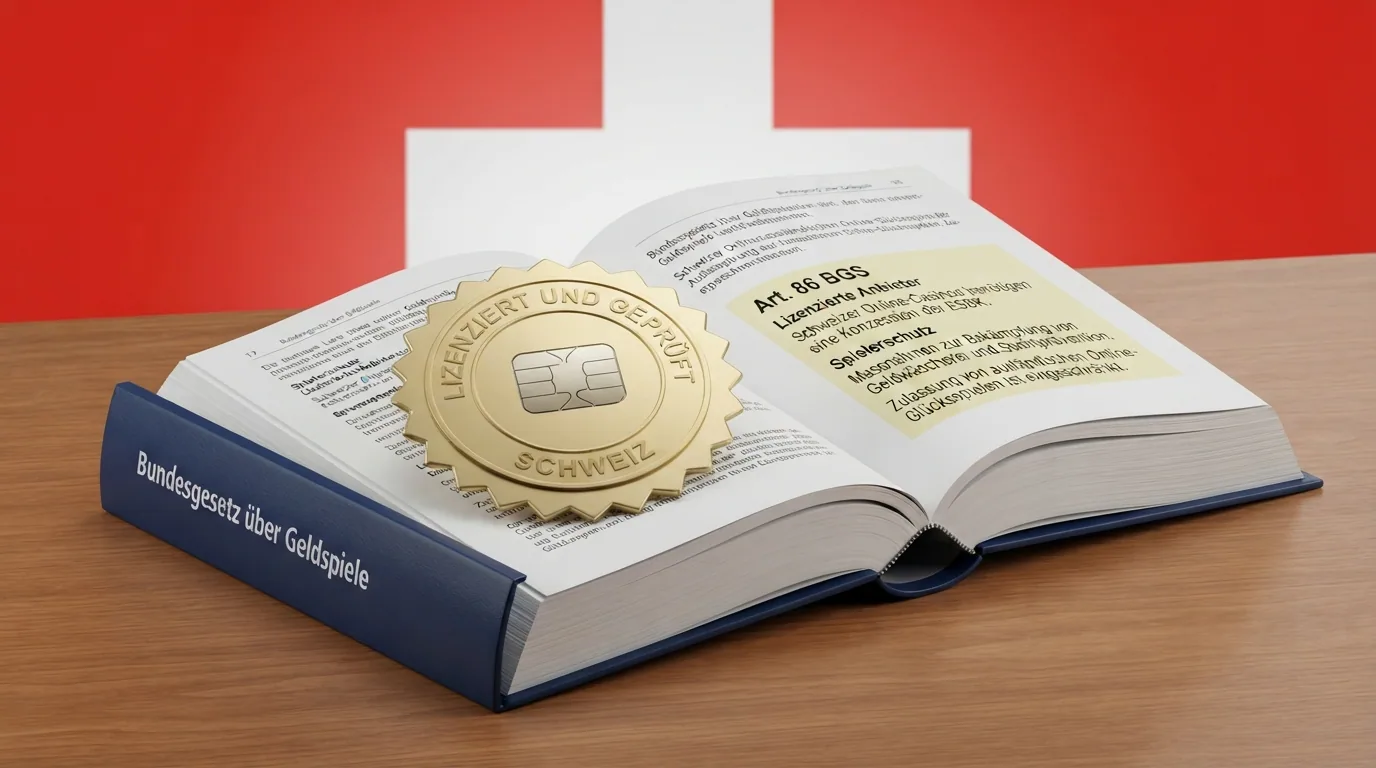Das ESBK-Logo neben einem aufgeschlagenen Gesetzbuch mit dem Titel «Bundesgesetz über Geldspiele»