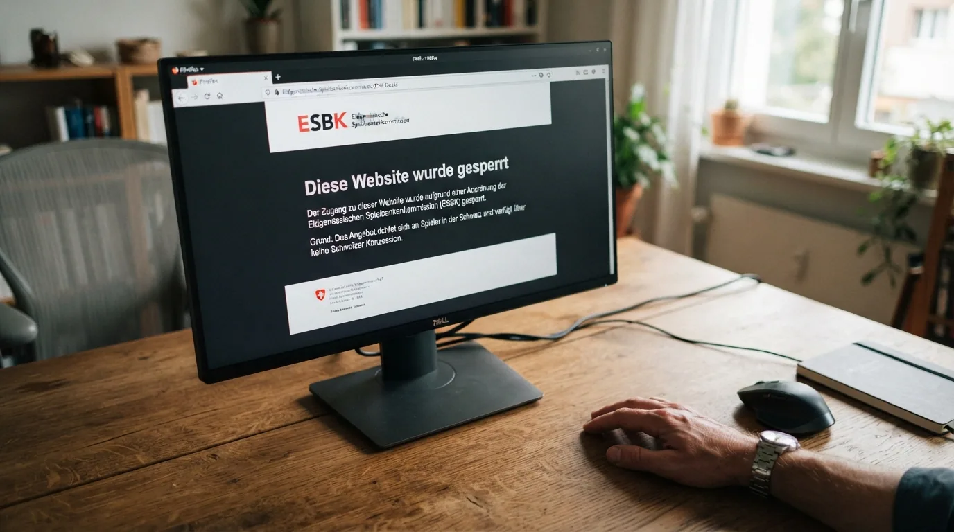 Browser-Fenster mit der DNS-Sperr-Meldung der ESBK auf einem Computerbildschirm