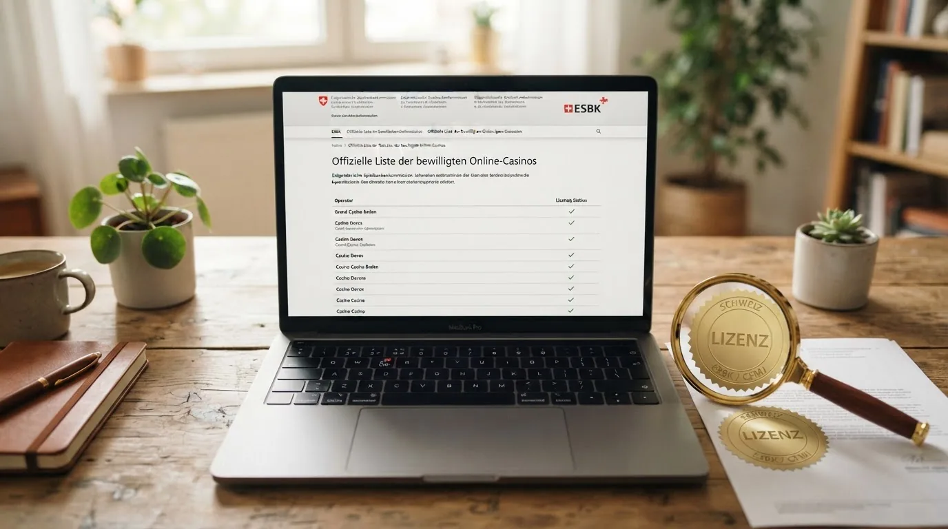 Die ESBK-Website auf einem Laptop, daneben ein Vergrösserungsglas über einem Lizenz-Zertifikat