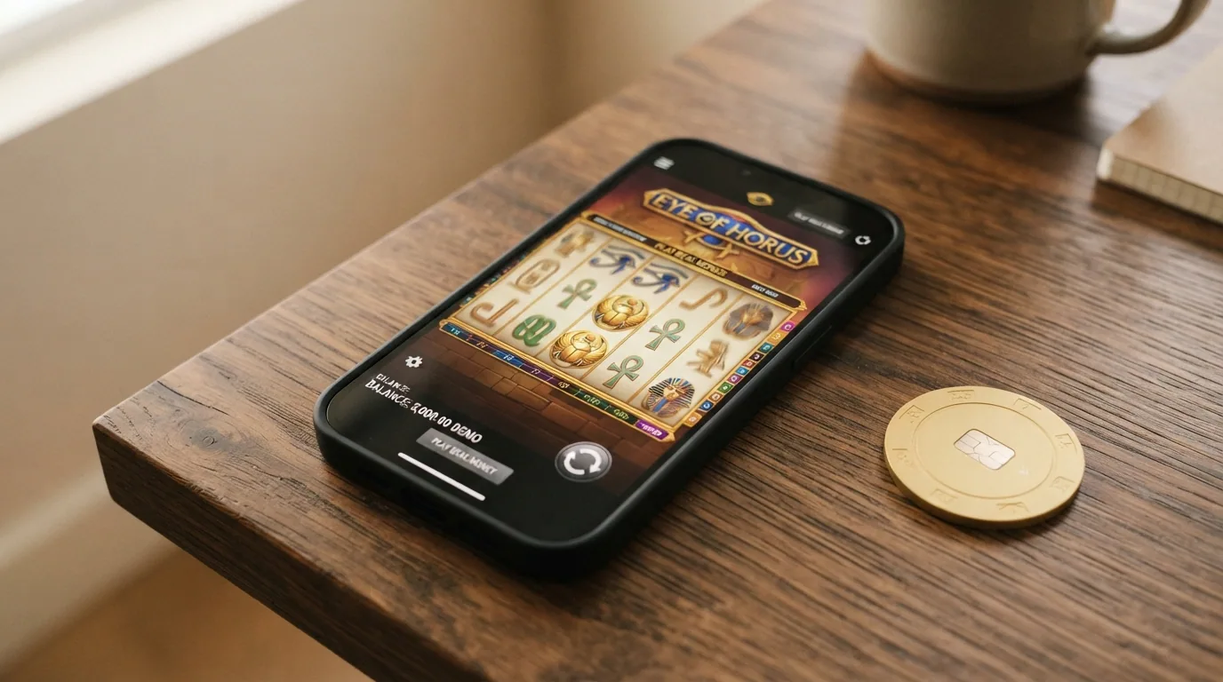 Demo-Modus-Bildschirm von Eye of Horus mit Spielgeld-Anzeige und deaktivierter Echtgeld-Funktion