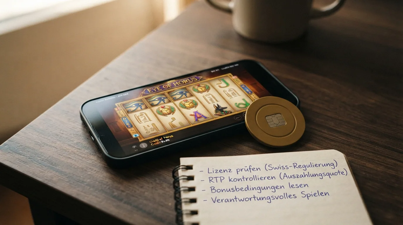 Eye of Horus Spielautomat in einer Schweizer Online-Casino-Umgebung mit ESBK-Lizenzhinweis