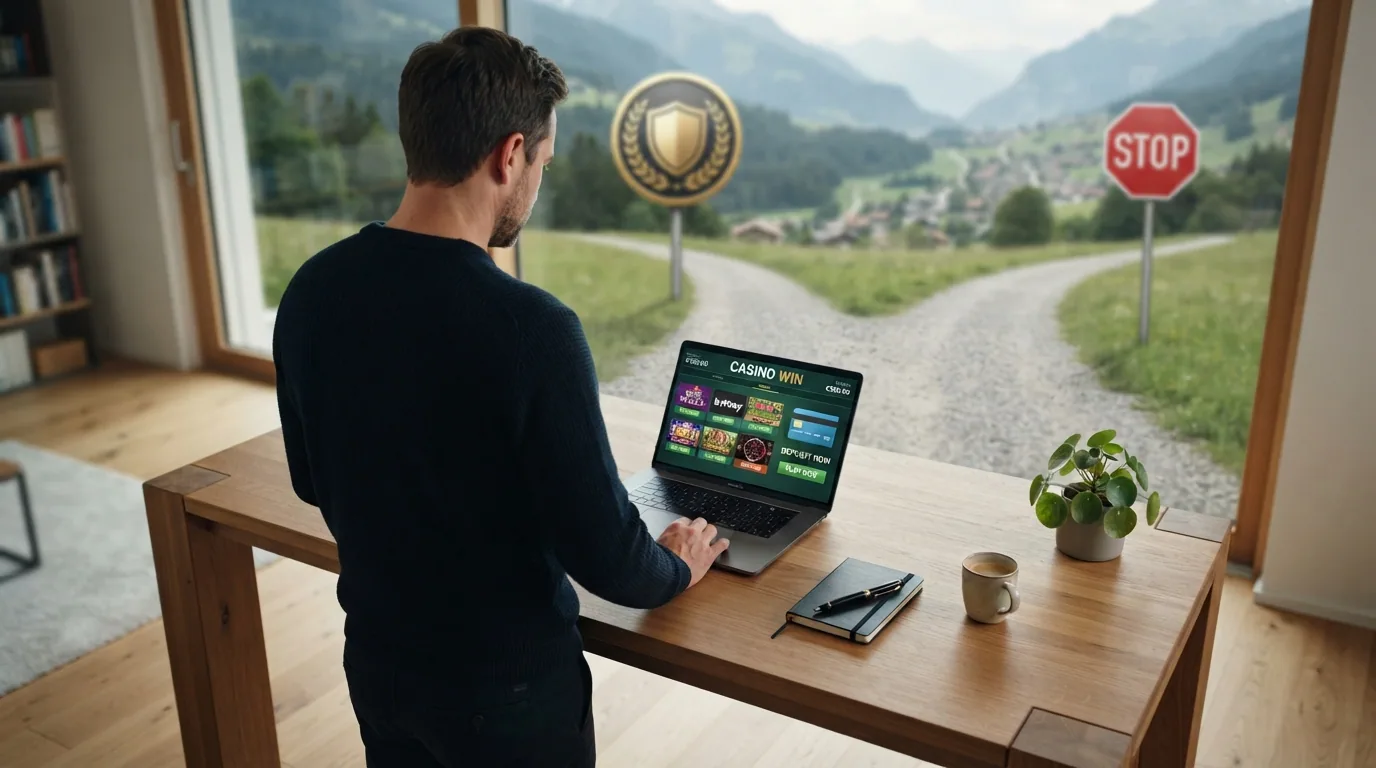 Eine Person vor einem Laptop, im Hintergrund eine Weggabelung: ein Weg führt zu einem Schloss-Symbol, der andere zu einem Stoppschild