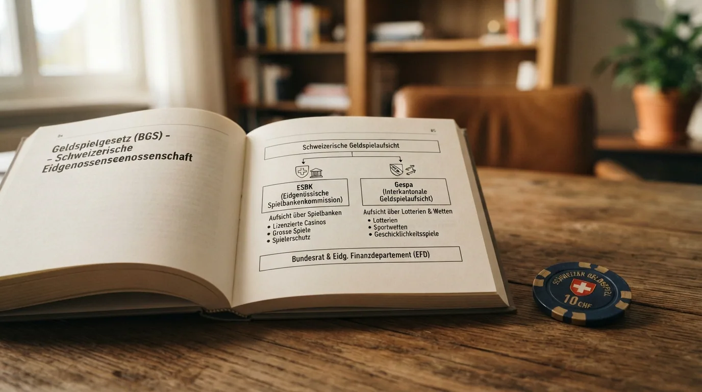Schematische Darstellung des Schweizer Geldspielgesetzes mit den Zuständigkeiten von ESBK und Gespa sowie dem Spielsperren-Symbol