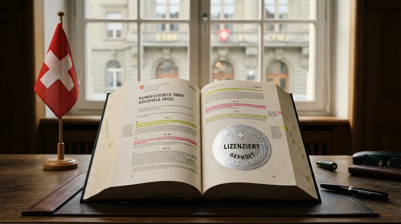 Ein aufgeschlagenes Gesetzbuch mit markierten Paragrafen, dahinter eine stilisierte Spielbank-Fassade mit Schweizer Kreuz