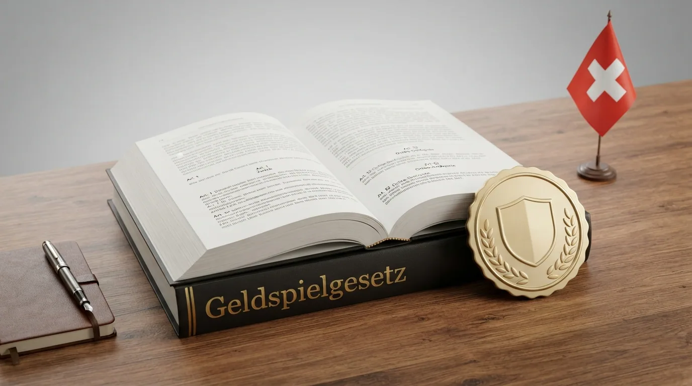 Ein aufgeschlagenes Gesetzbuch mit dem Titel Geldspielgesetz und dem ESBK-Logo daneben
