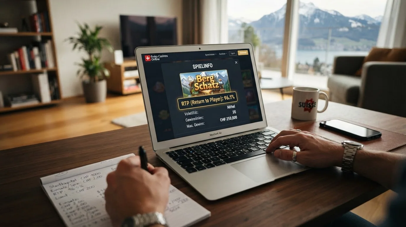 Ein Spieler vor dem Laptop, auf dem Bildschirm die Spielinfo-Ansicht eines Slots mit hervorgehobener RTP-Zahl