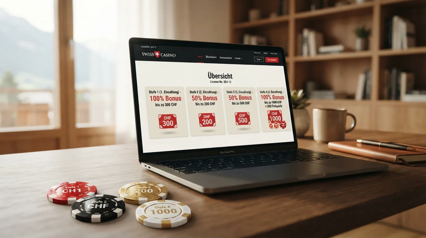 Grafische Übersicht des vierstufigen Willkommensbonus von Jackpots.ch mit den Beträgen und Prozentzahlen jeder Stufe