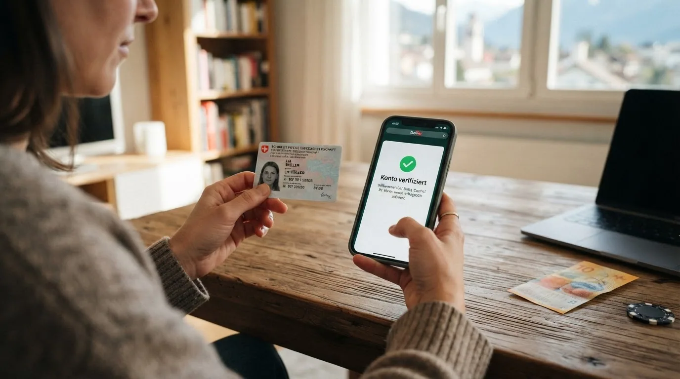 Ein Ausweis neben einem Smartphone mit geöffneter Casino-App und einem grünen Haken «Konto verifiziert»
