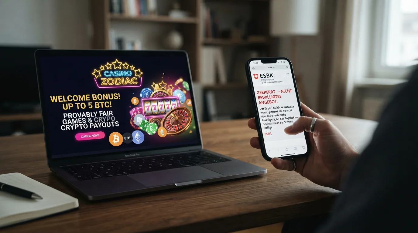 Geteilter Bildschirm: Links eine verlockende Krypto-Casino-Werbung, rechts das ESBK-Sperrlisten-Symbol mit dem Hinweis «gesperrt»