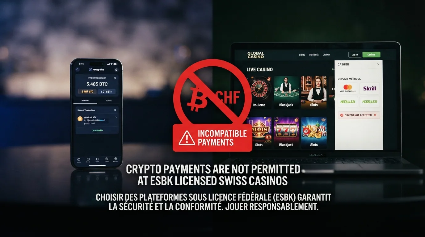 Geteilte Bildschirmansicht: links eine Bitcoin-Wallet, rechts das Logo eines Offshore-Live-Casinos — mit Warnsymbol dazwischen