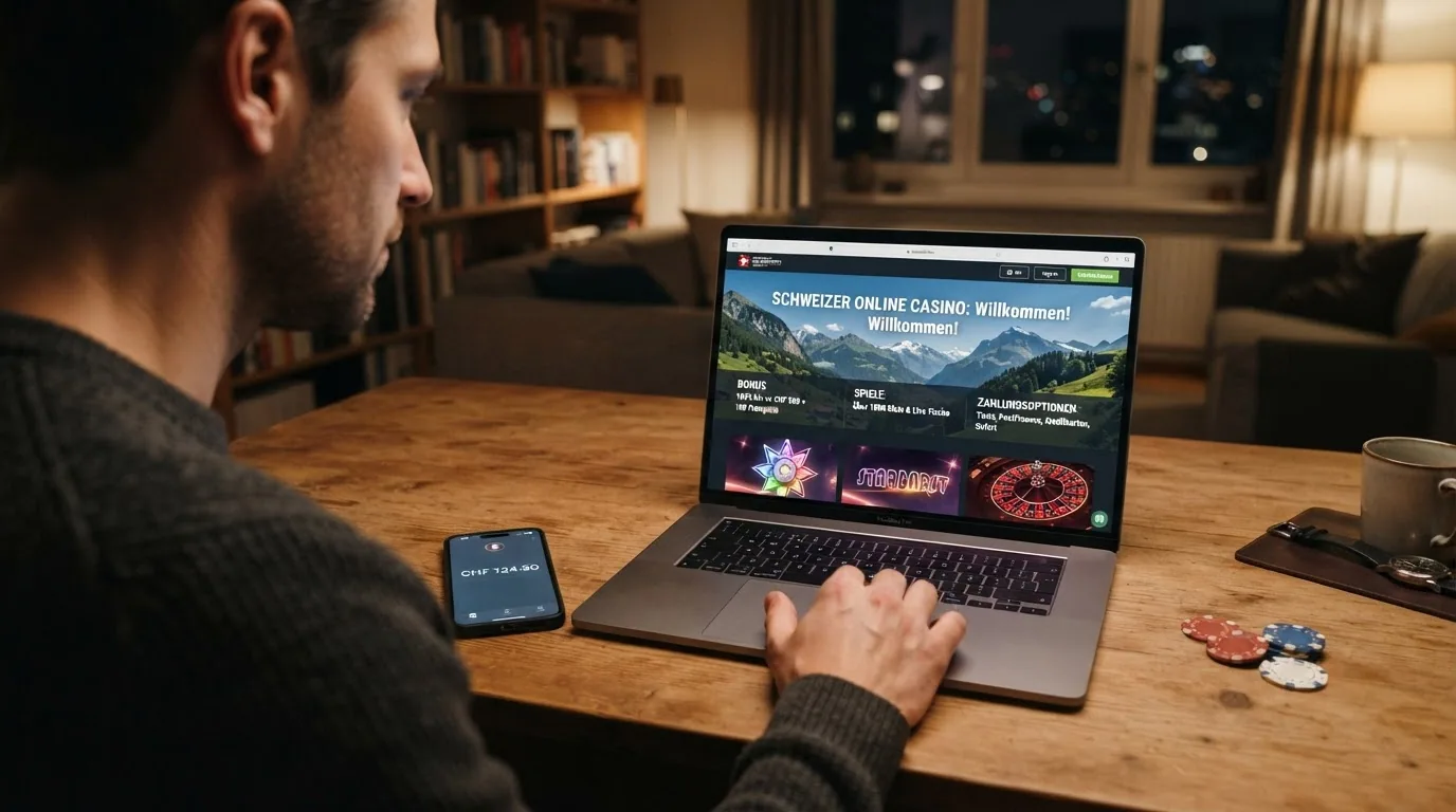 Schweizer Spieler sitzt nachdenklich vor Laptop mit Casino-Startseite