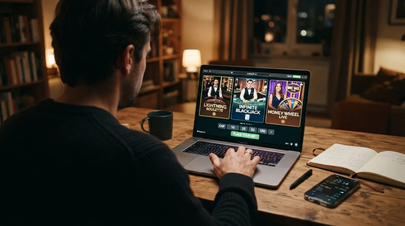 Ein Spieler vor dem Laptop, im Hintergrund schemenhaft drei verschiedene Live-Casino-Oberflächen, die Hand zögernd über der Tastatur