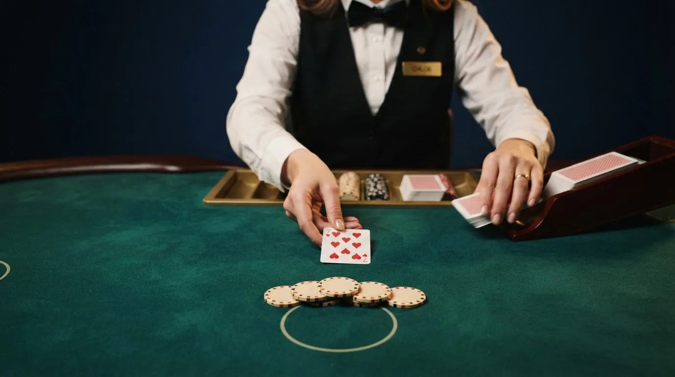 Croupier in Casino-Uniform teilt Karten aus einem Kartenschuh an einem grün bezogenen Blackjack-Tisch aus