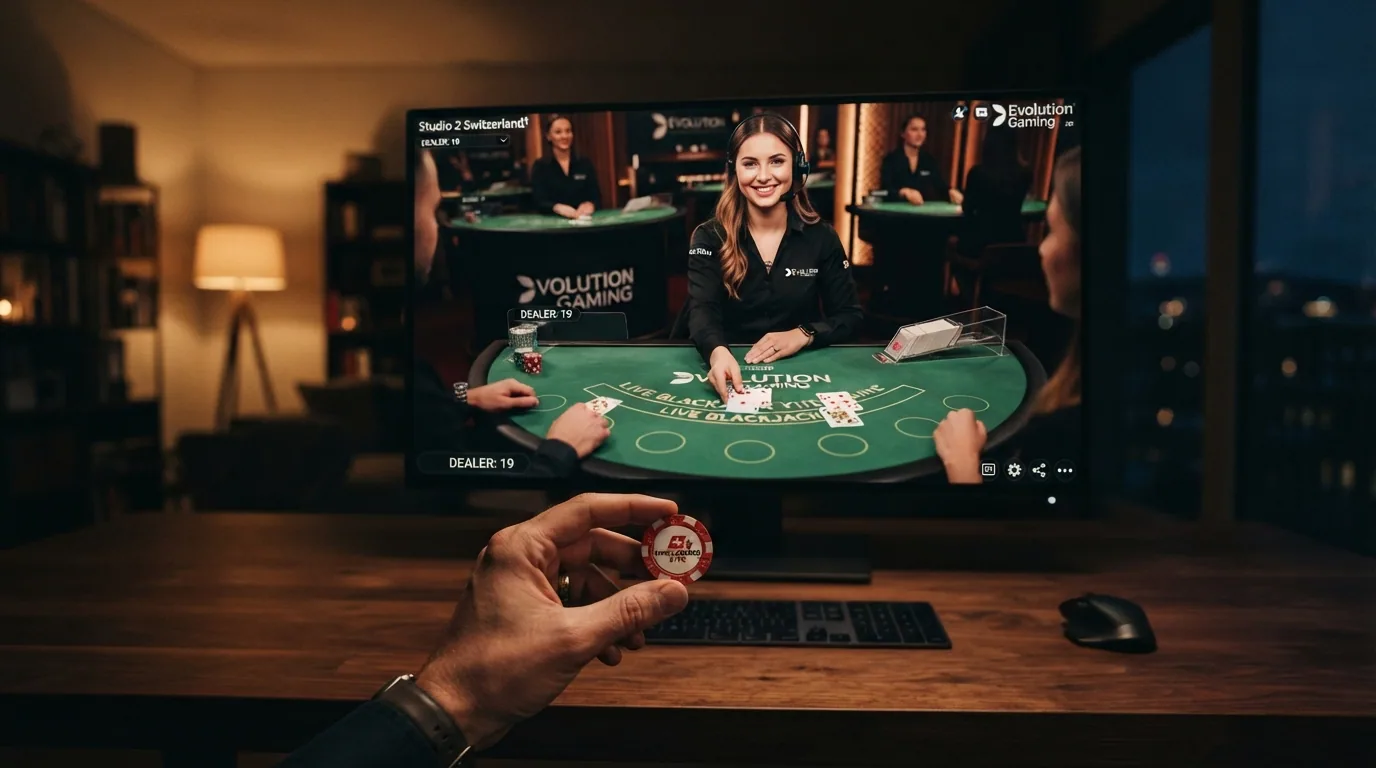 Live-Casino-Tisch mit professionellem Dealer vor einem Evolution-Gaming-Studio-Hintergrund; Bildschirm zeigt Blackjack-Layout