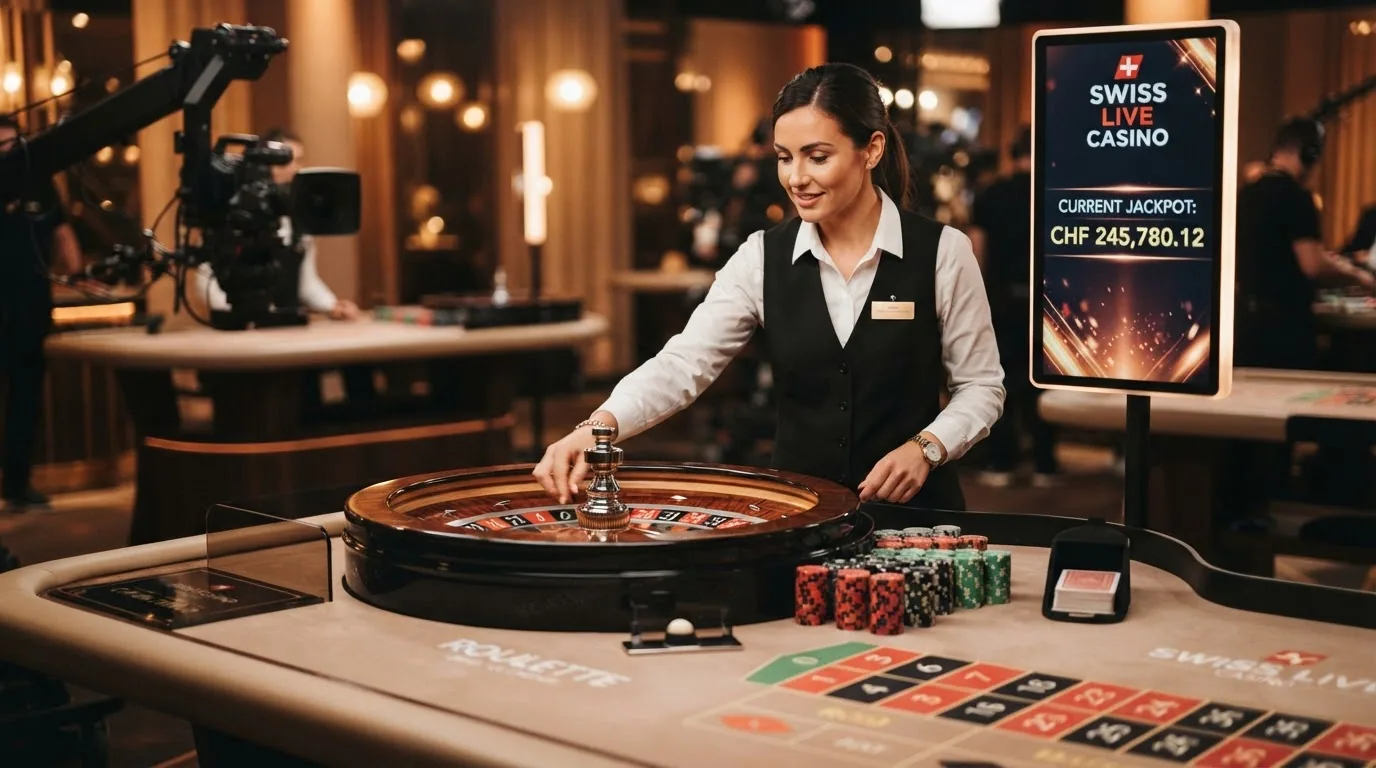 Ein Live-Dealer an einem Spieltisch mit Kamera-Setup, daneben ein Monitor mit progressivem Jackpot-Zähler