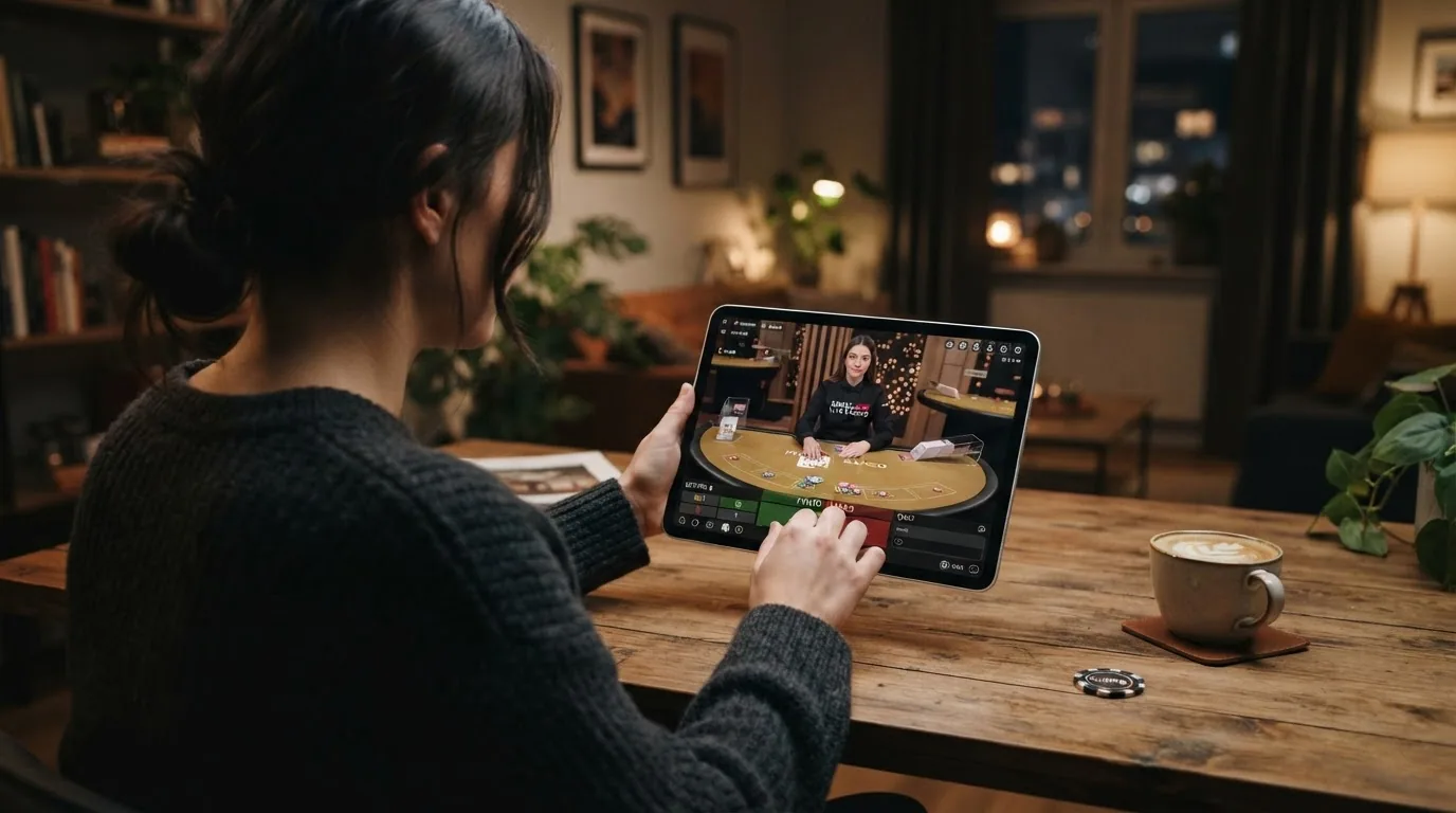 Live-Dealer-Studio mit Croupier an einem Punto-Banco-Tisch, Bildschirm mit Wett-Interface überlagert