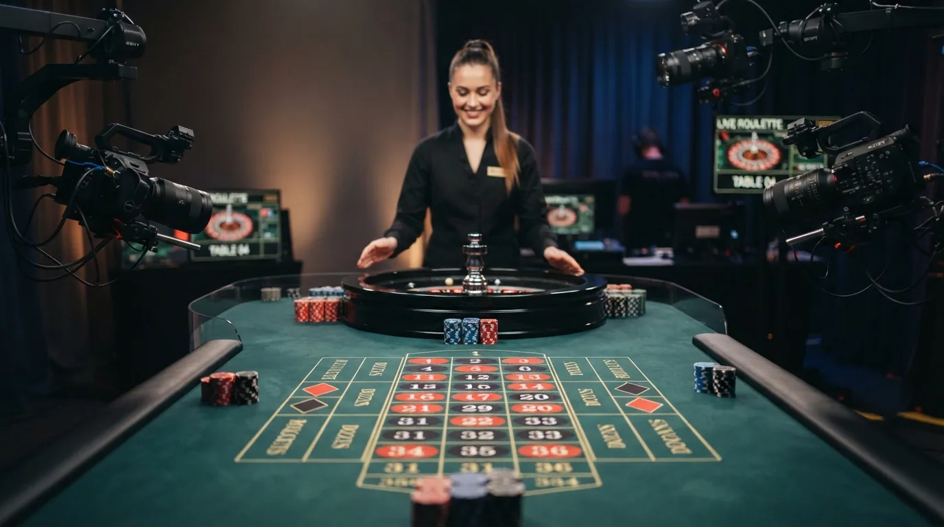 Ein Live-Dealer-Tisch aus einem professionellen Studio mit mehreren Kameras, Roulette-Rad im Zentrum