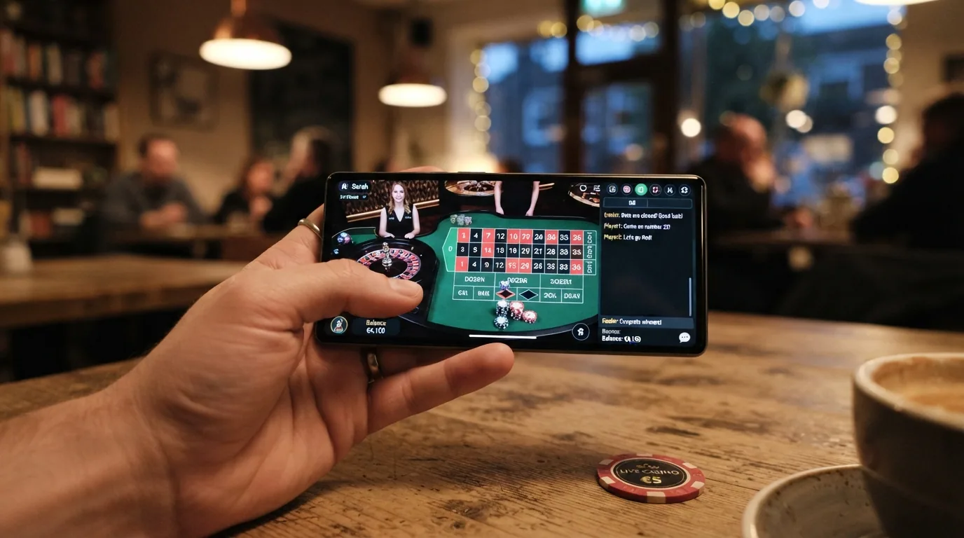 Smartphone mit geöffneter Live-Roulette-Ansicht im Querformat, Finger tippt auf ein Einsatzfeld