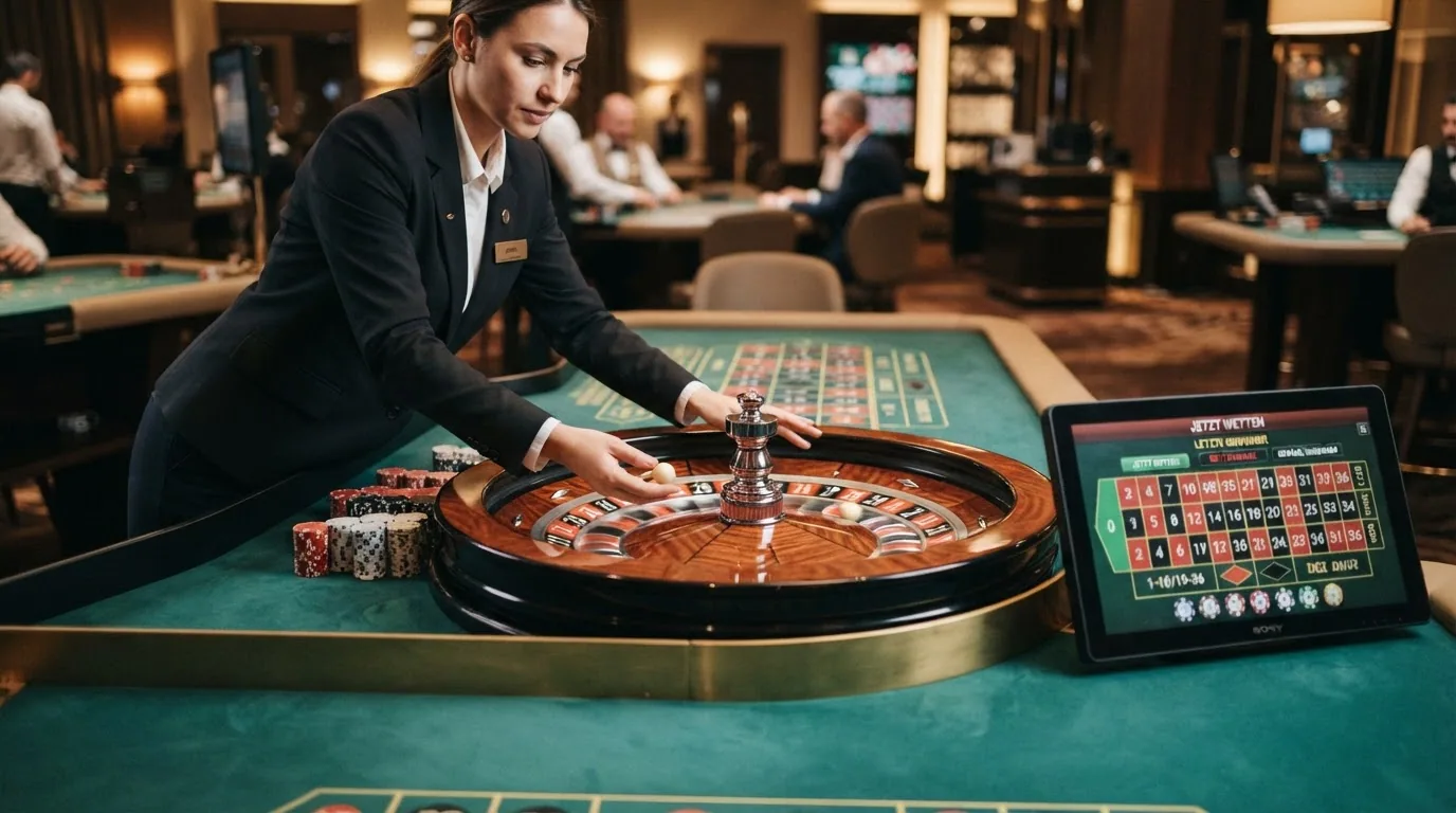 Nahaufnahme eines Live-Roulette-Tisches mit Croupier beim Kugelwurf, das Wettfeld auf dem Monitor eingeblendet