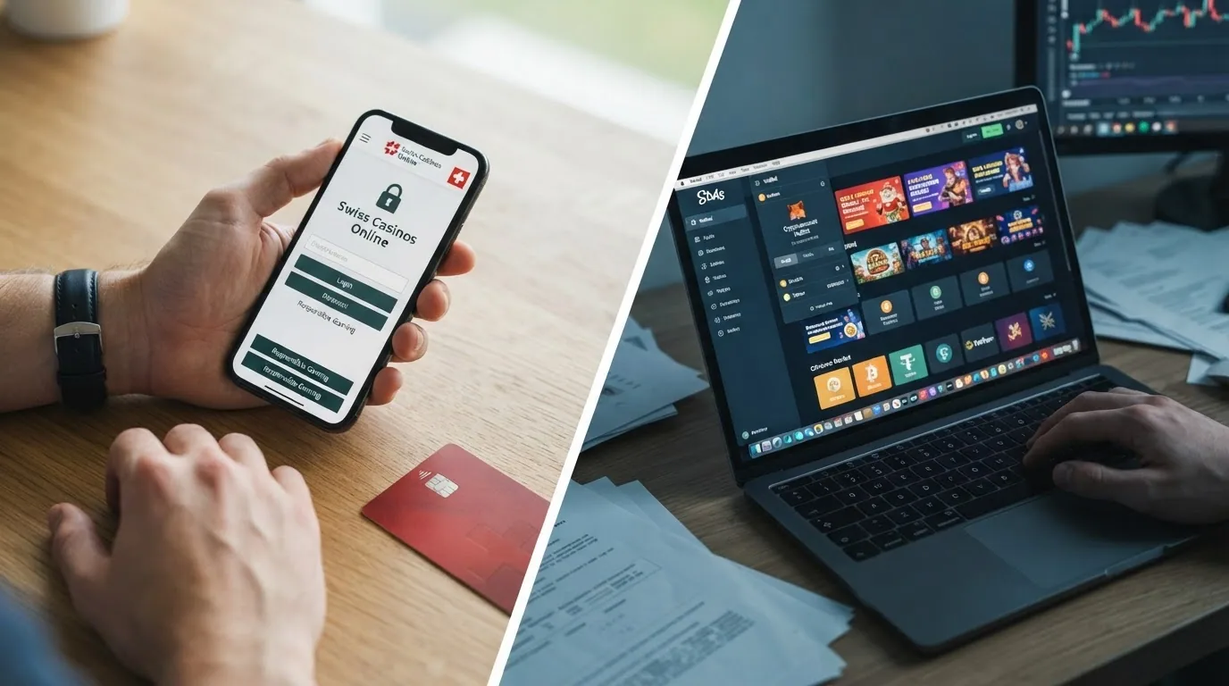 Zwei Bildschirme nebeneinander: links ein Schweizer Casino-Login mit Ausweis-Scan, rechts eine Krypto-Wallet mit Casino-Oberfläche