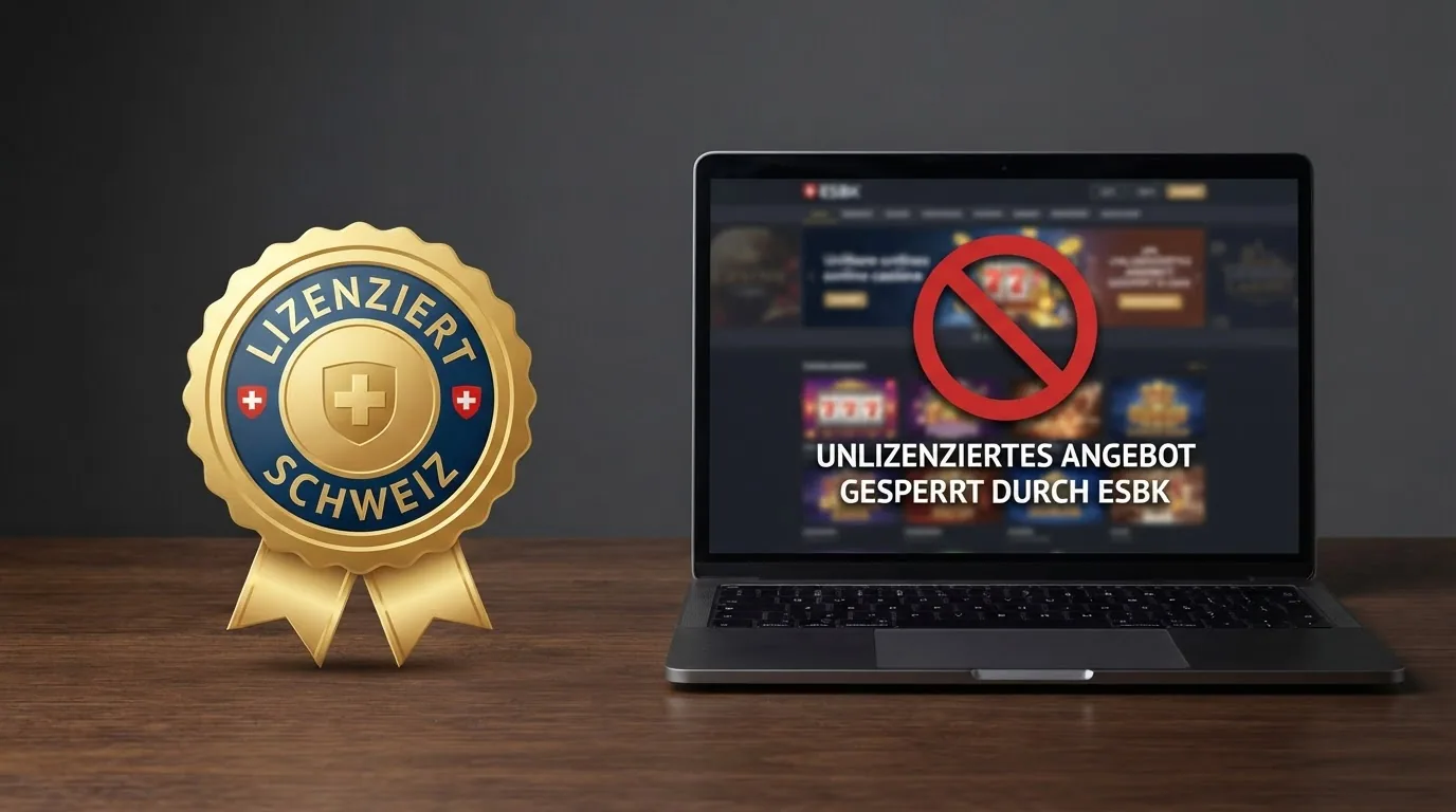 Ein ESBK-Siegel auf der linken Seite, auf der rechten Seite eine durchgestrichene Offshore-Website mit Warnsymbol