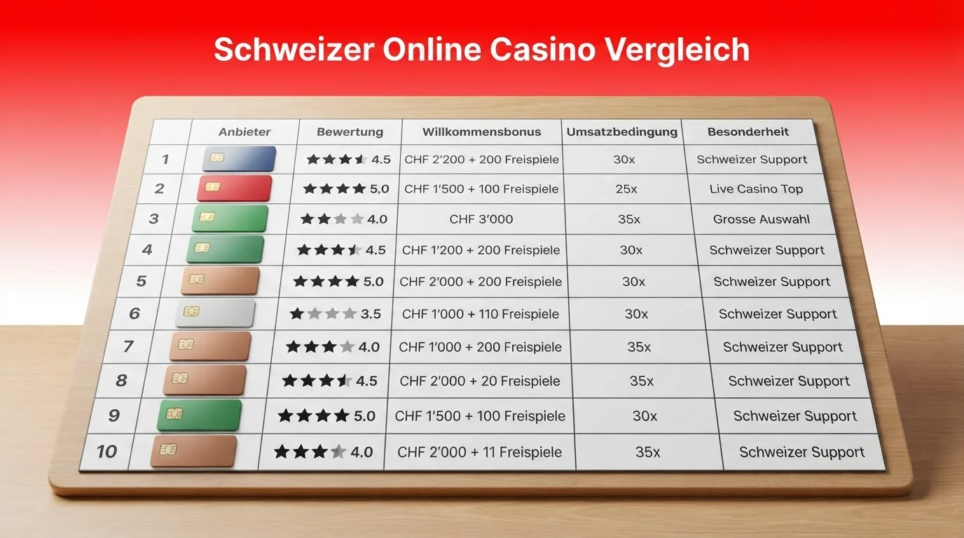 Zehn Casino-Kacheln nebeneinander mit Logo, Sternbewertung und Kurzfakten zu Bonus und Lizenz