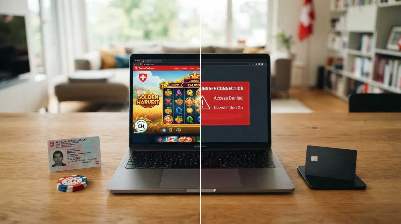 Eine grafische Gegenüberstellung: links ein Spieler mit Schweizer Ausweis und Häkchen, rechts ein Spieler vor einem Monitor mit Warnsymbol