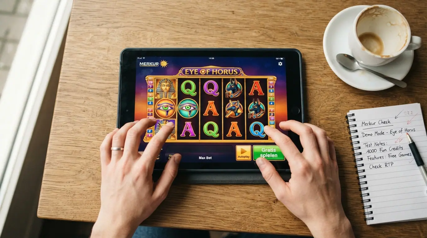 Merkur-Slot im Demo-Modus auf einem Tablet-Bildschirm mit Gratis-spielen-Button