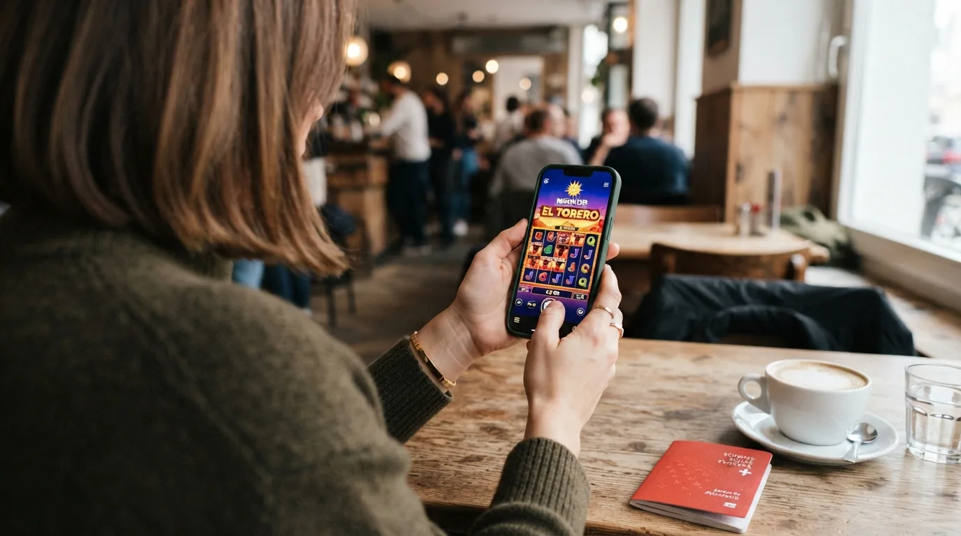 Smartphone mit geoeffnetem Merkur-Slot im mobilen Browser, daneben ein Schweizer Pass