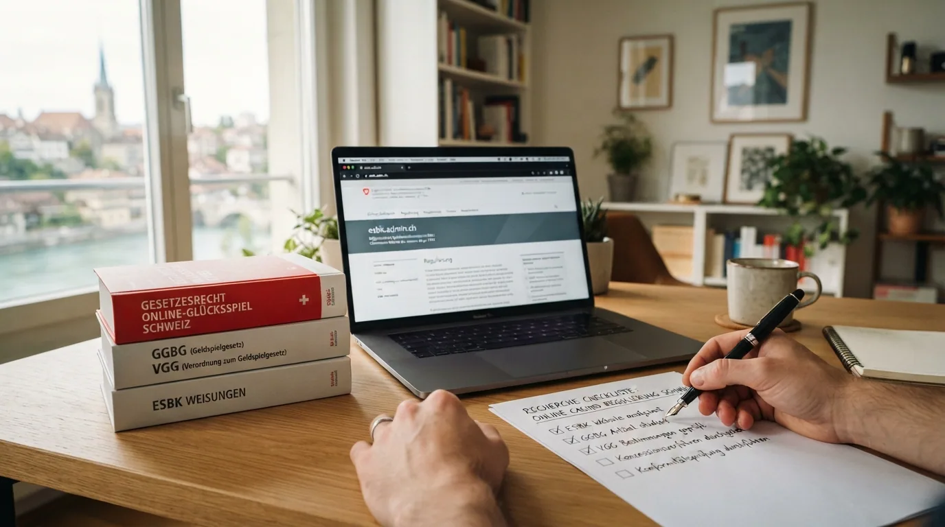 Ein Schreibtisch mit aufgeschlagenen Gesetzestexten, einem Laptop mit esbk.admin.ch und einer Checkliste