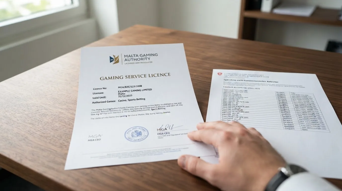 Offizielles Dokument mit Siegel der Malta Gaming Authority und dem Schriftzug «Gaming Service Licence» auf einem Schreibtisch, daneben ein Ausdruck der ESBK-Sperrliste